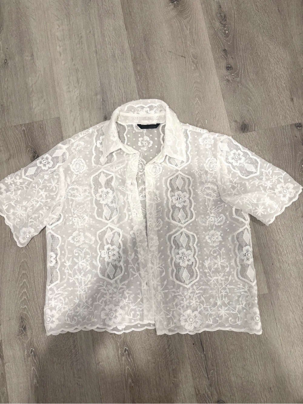 Sheer White Lace Short-Sleeve Shirt
